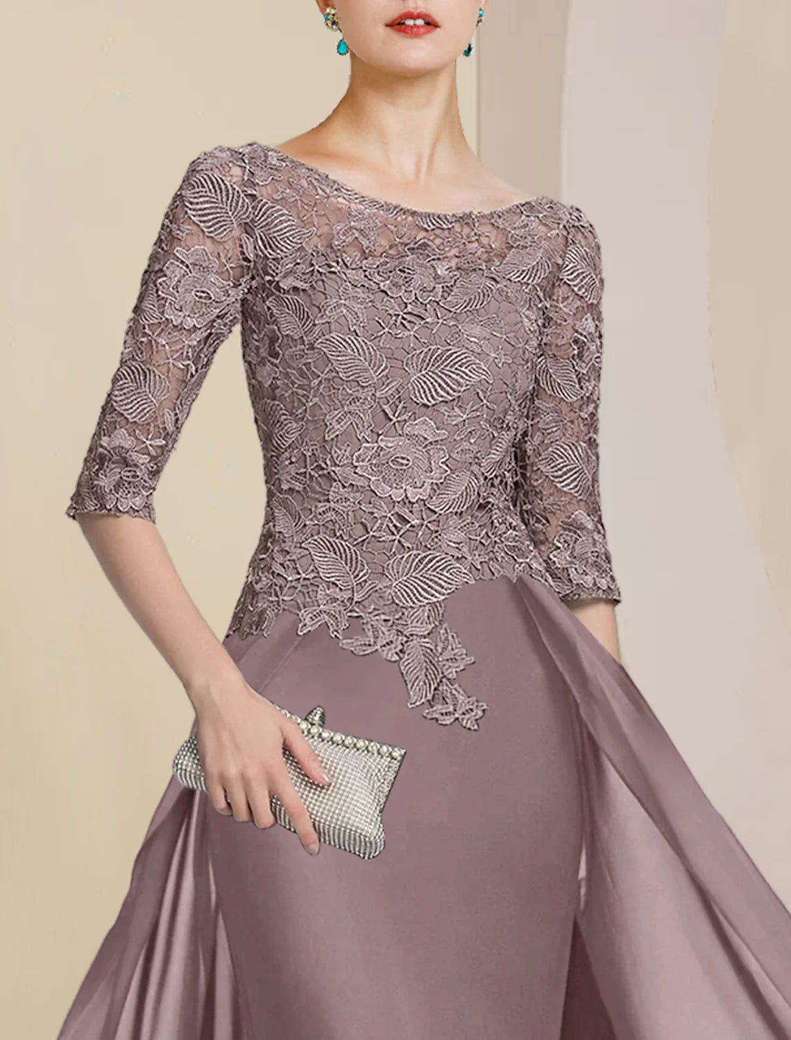 Sheath / Column Mother Bride Dress Formal Wedding Guest Elegant Scoop Neck Floor Length Chiffon Half Sleeve with Lace Appliques