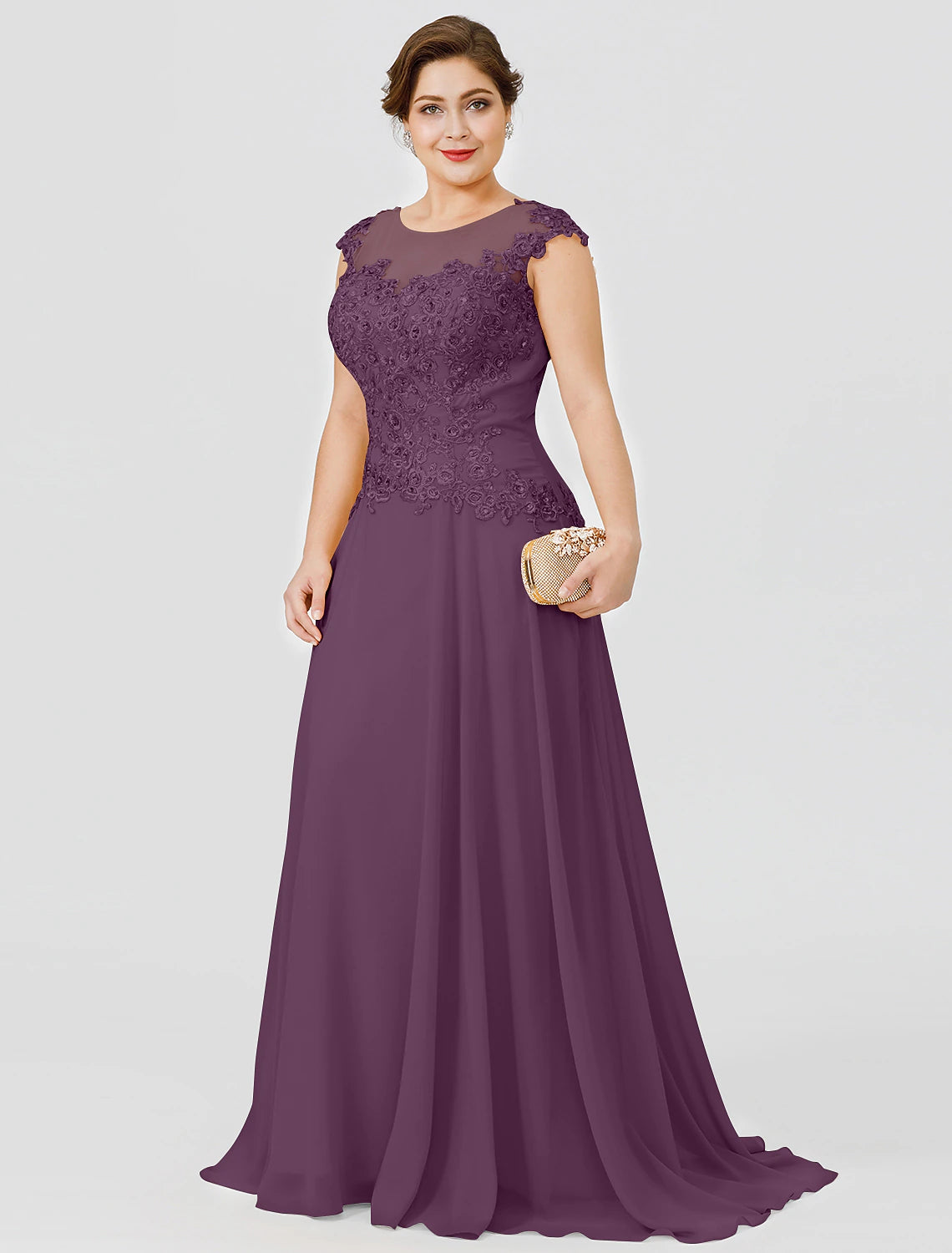 A-Line Mother of the Bride Dress Wedding Guest Elegant Plus Size Illusion Neck Sweep / Brush Train Chiffon Beaded Lace Short Sleeve No with Bow(s) Pleats