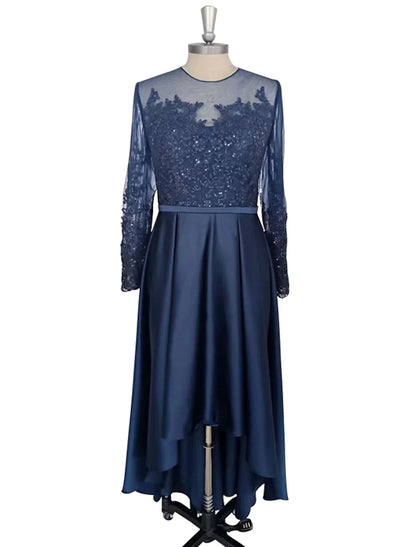 A-Line Cocktail Dresses Elegant Dress Wedding Guest Party Wear Asymmetrical Long Sleeve Jewel Neck Satin with Crystals Appliques