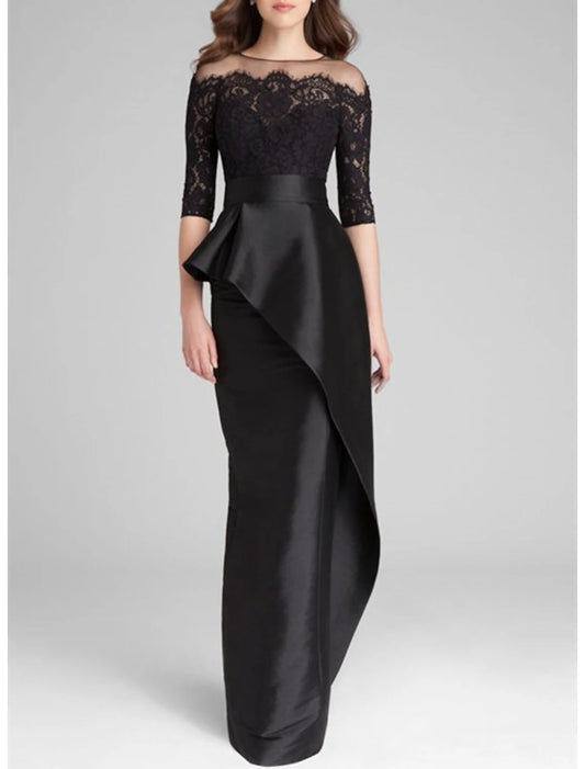 Sheath Mermaid Wedding Guest Dress Jewel Neck Half Sleeve Evening Dress  Floor Length Satin Lace Party Dress with Ruffles Appliques