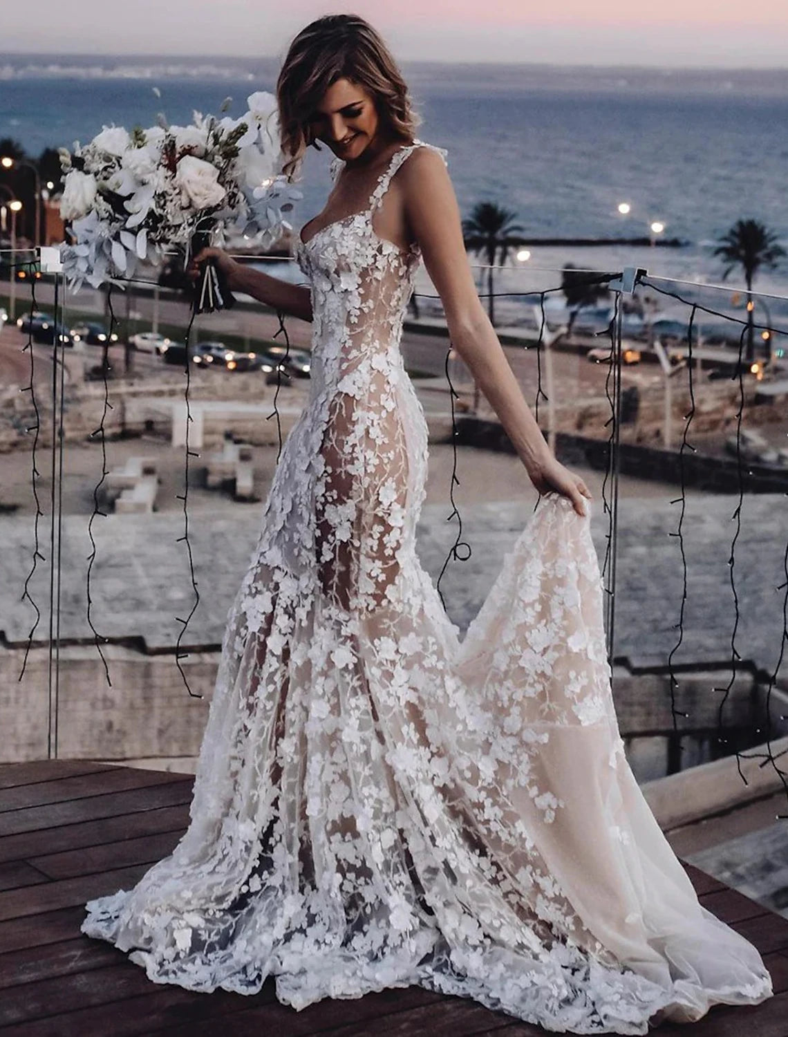 Beach Sexy Boho Wedding Dresses Mermaid / Trumpet Sweetheart Regular Straps Court Train Lace Bridal Gowns With Appliques Summer Fall Wedding Party , Women's Clothing