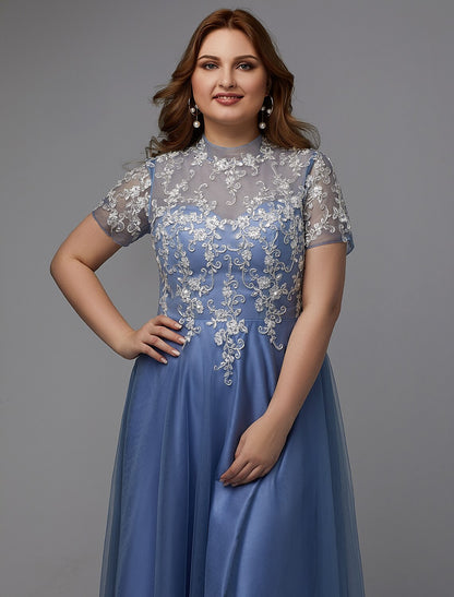 A-Line Plus Size Dress Wedding Guest Prom Floor Length Short Sleeve High Neck Lace Lace-up with Appliques