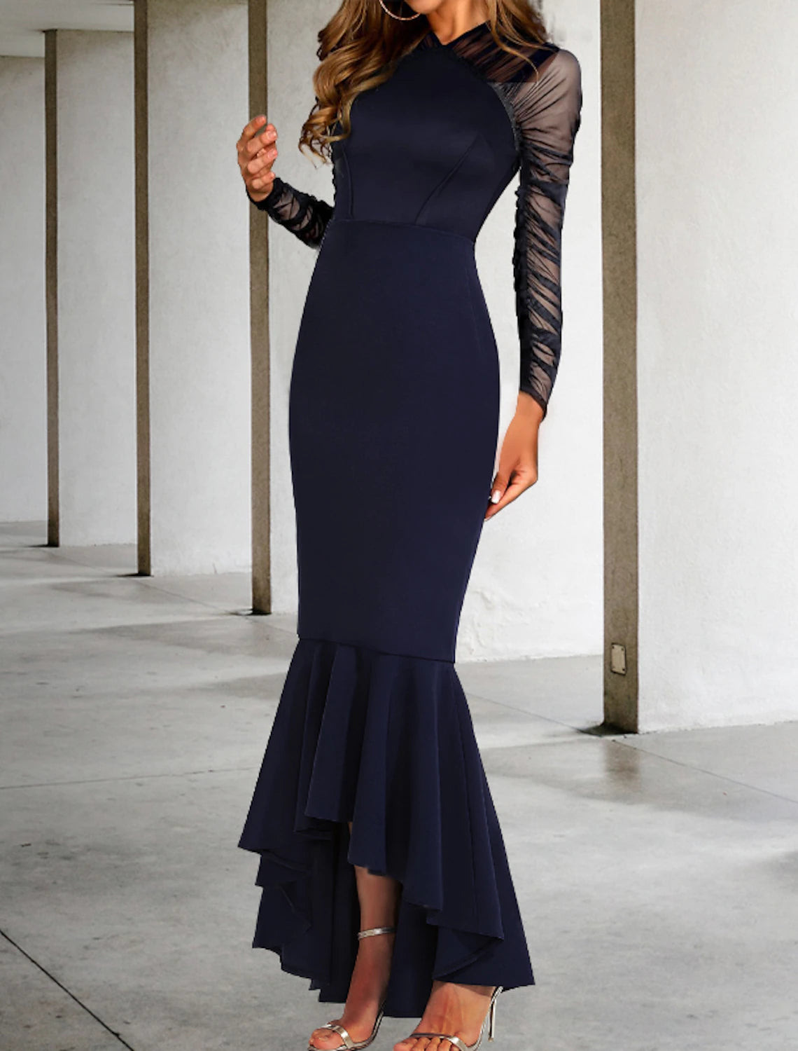 Sheath Mermaid Black Long Sleeve  Prom Dresses Asymmetrical Long Sleeve V Neck Stretch Fabric Formal Dress with Ruched Ruffles