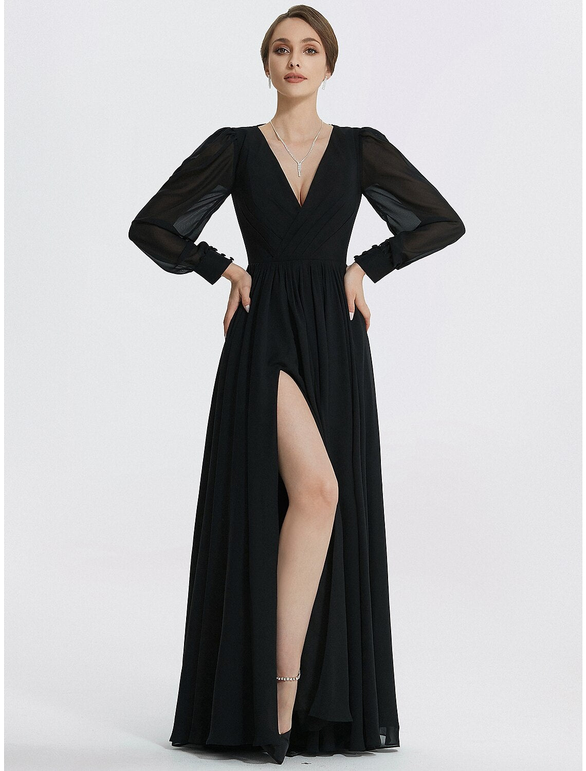 A-Line Evening Gown Elegant Dress Formal Floor Length Long Sleeve V Neck Chiffon with Slit