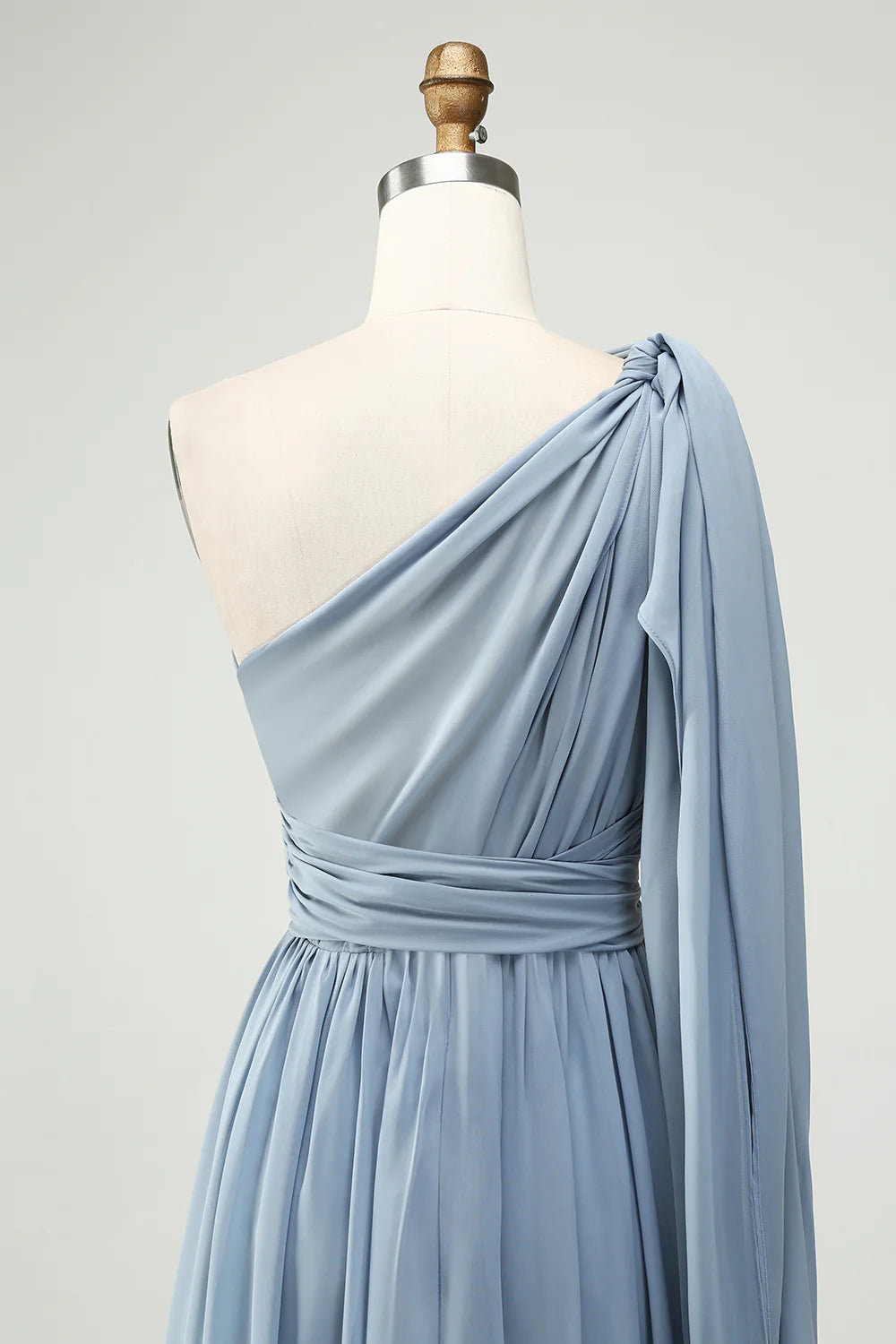 A Line Chiffon One Shoulder Dusty Blue Long Bridesmaid Dress