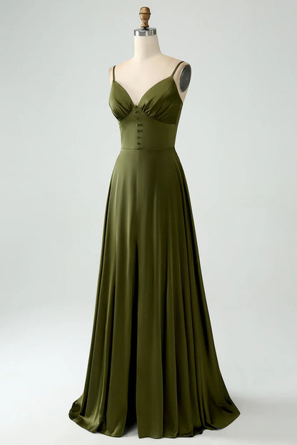 A-Line Spaghetti Straps Olive Satin Long Bridesmaid Dress