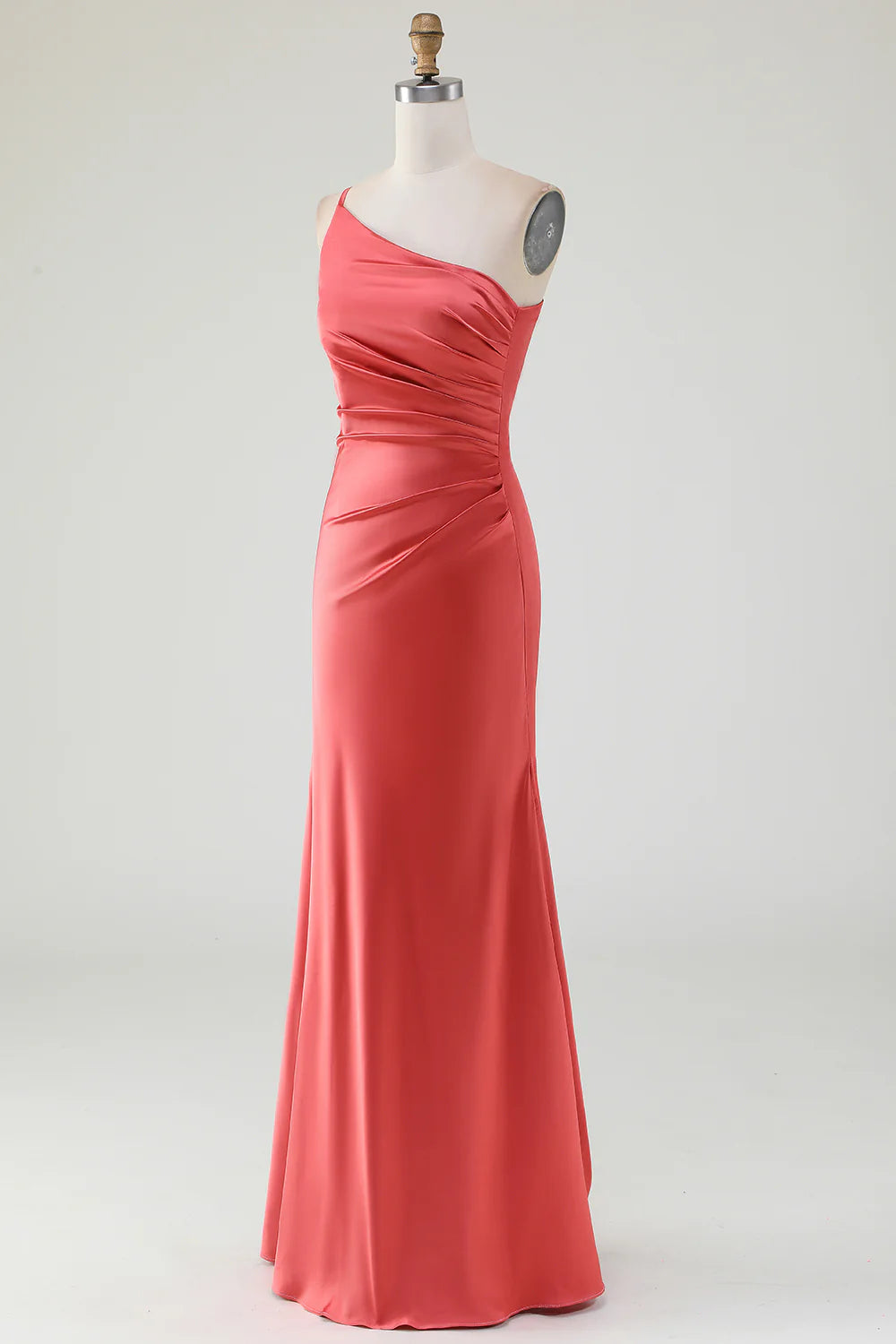 A Line Sheath One Shoulder Floor-Length Pleated Satin Bridesmaid Dress