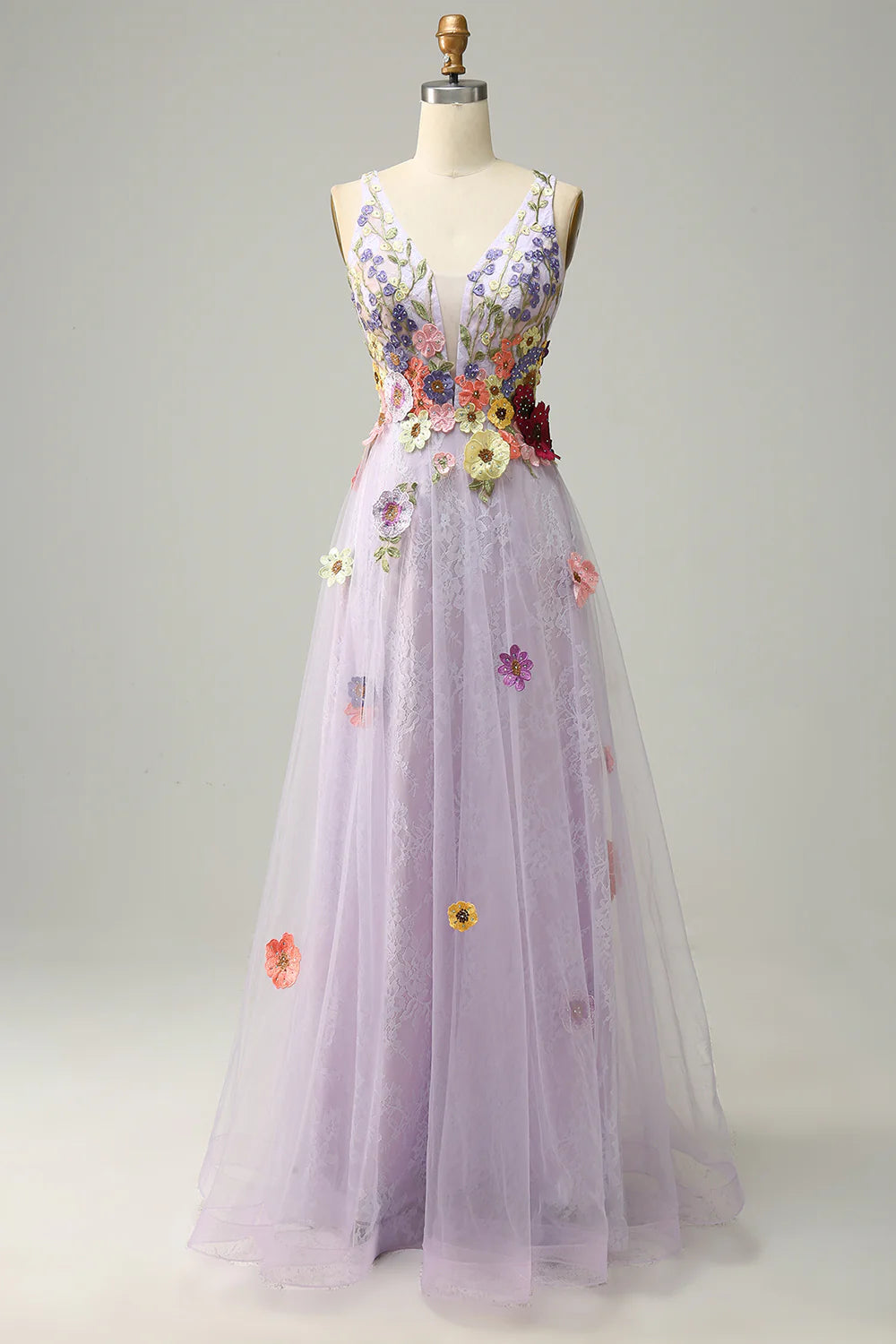 A Line Low V Neck Lavender Long Prom Dress with Appliques