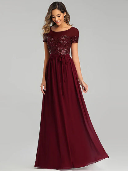 A-Line Bridesmaid Dress Jewel Neck Short Sleeve Elegant Floor Length Chiffon with Sash / Ribbon / Sequin