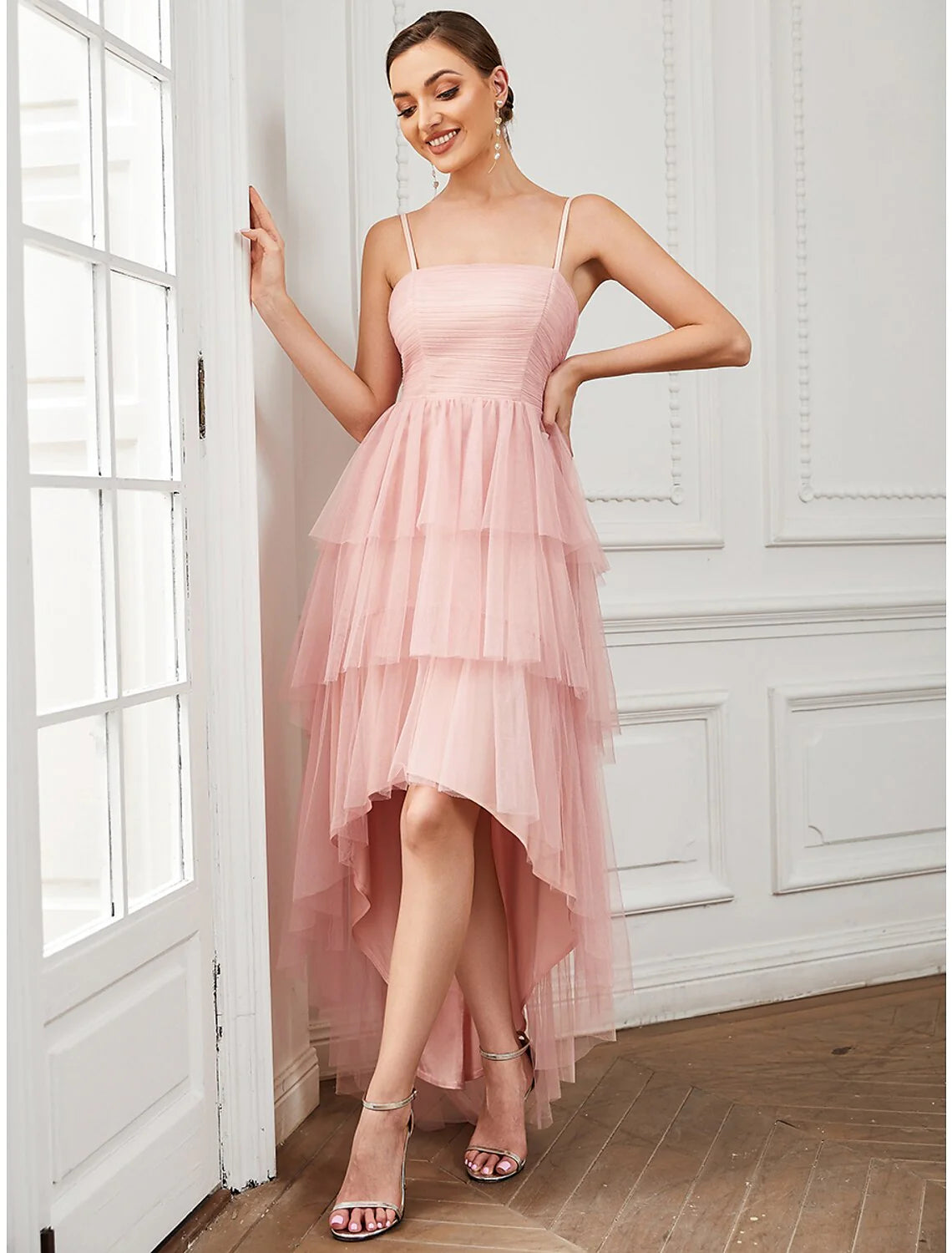 A-Line Party Dresses Vintage Dress Prom Knee Length Sleeveless Spaghetti Strap Tulle with Ruched Asymmetrical