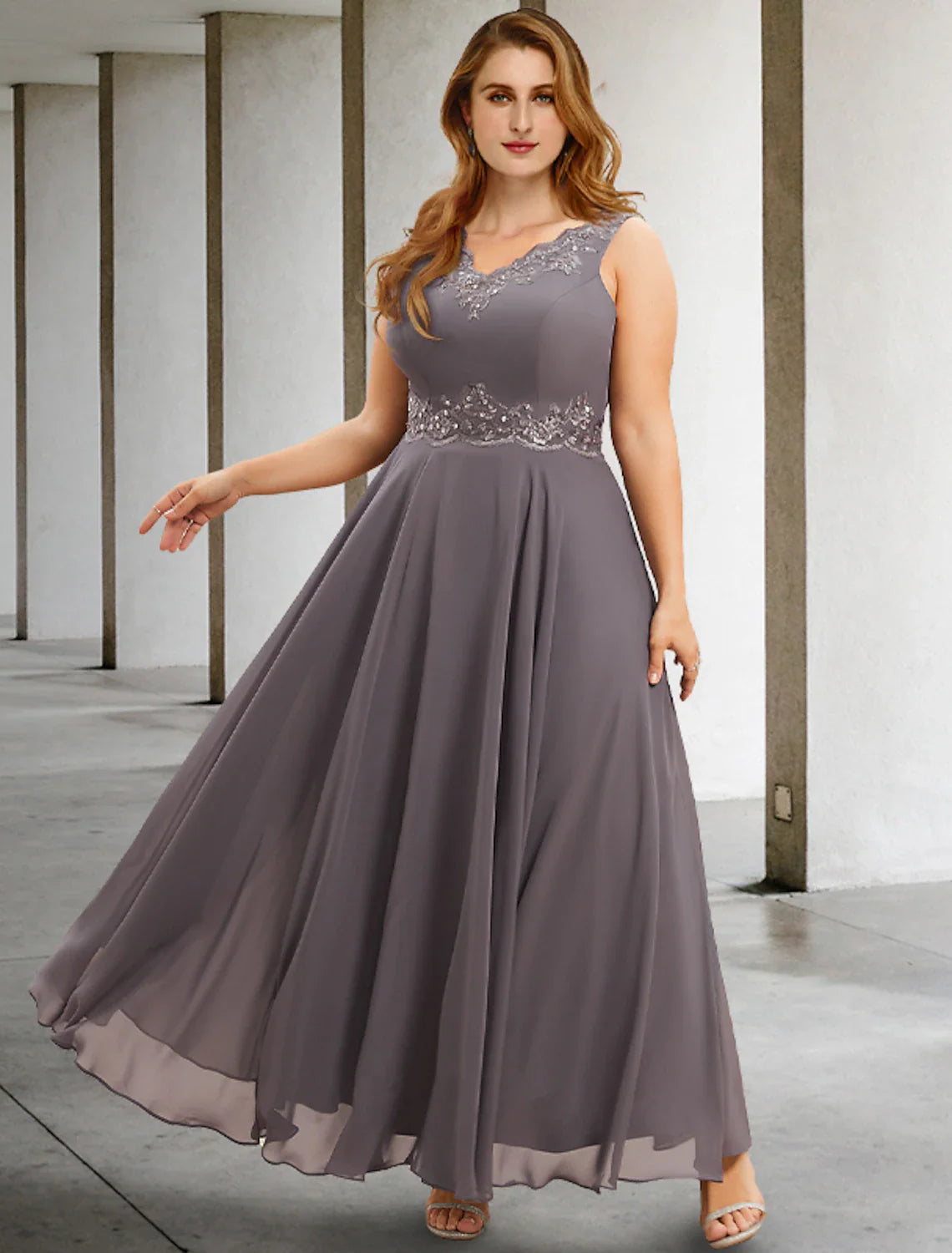 Two Piece A-Line Evening Gown Elegant Dress Plus Size  Formal Tea Length Sleeveless V Neck Chiffon with Appliques