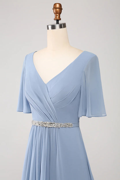 A-Line Chiffon Dusty Blue Long Bridesmaid Dress with Beading