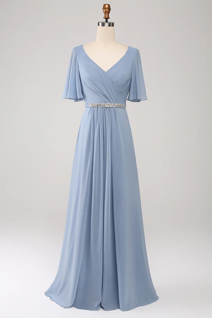 A-Line Chiffon Dusty Blue Long Bridesmaid Dress with Beading