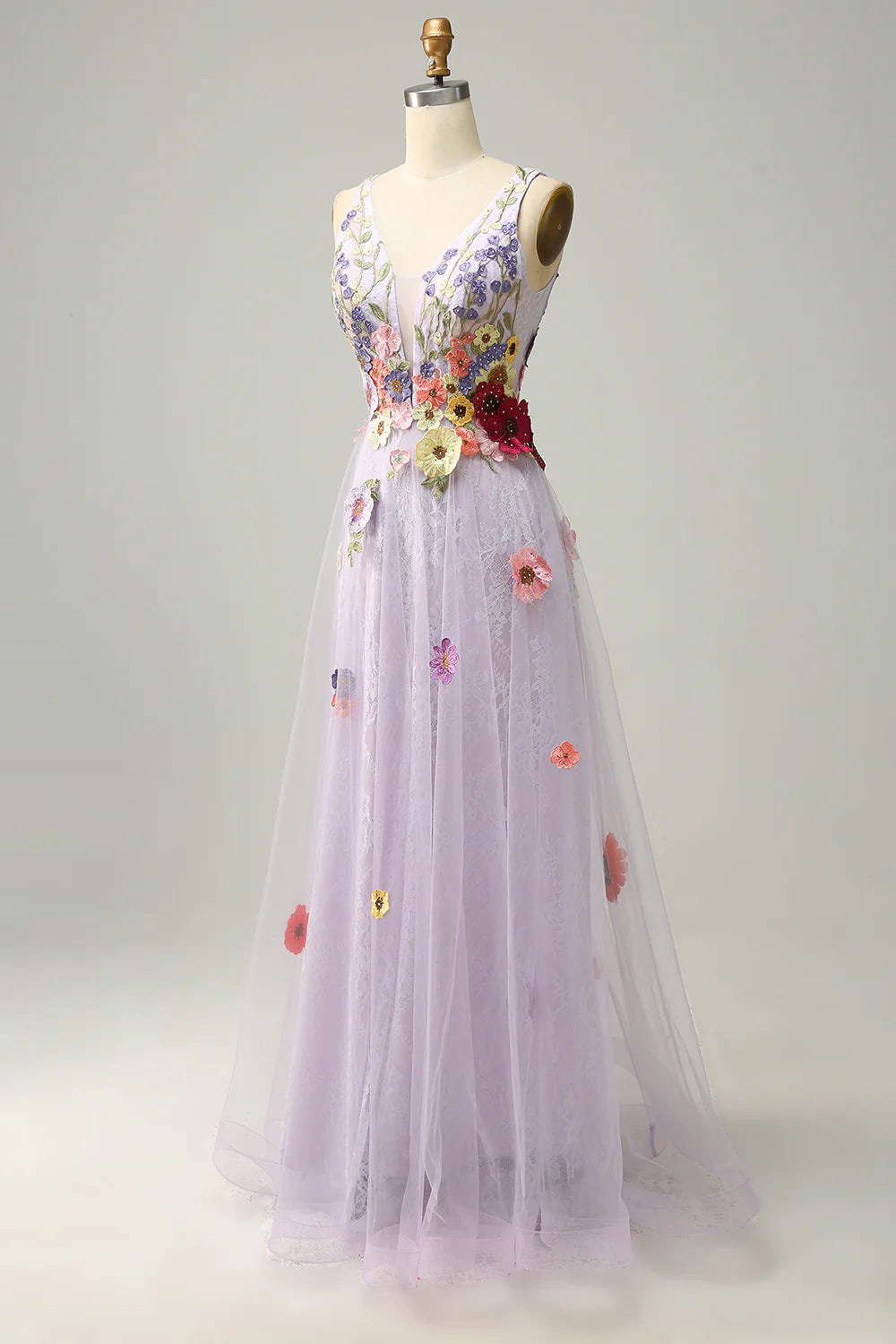 A Line Low V Neck Lavender Long Prom Dress with Appliques