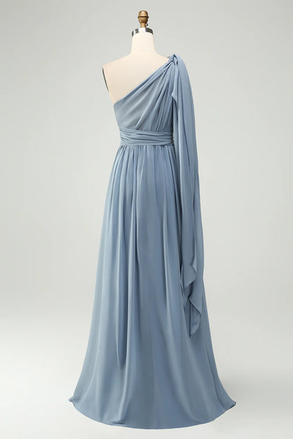 A Line Chiffon One Shoulder Dusty Blue Long Bridesmaid Dress