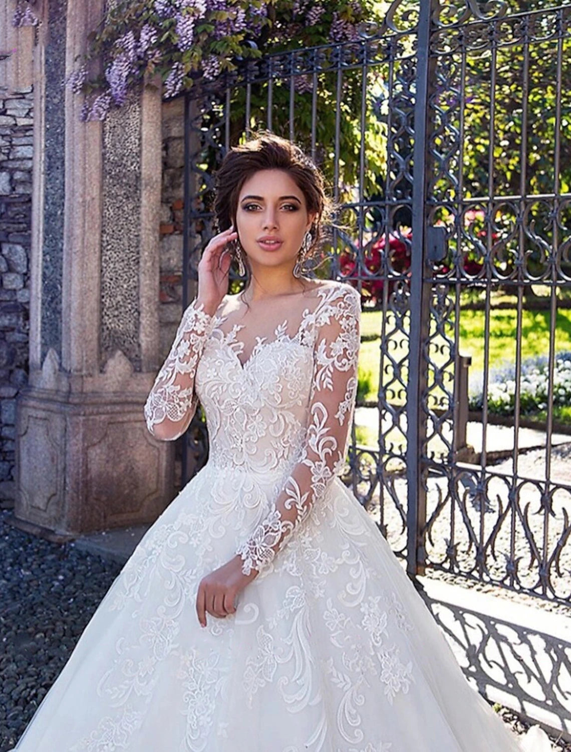 Engagement Formal Fall Wedding Dresses Ball Gown Illusion Neck Long Sleeve Court Train Lace Bridal Gowns With Lace Appliques Summer Wedding Party, Women‘s Clothing