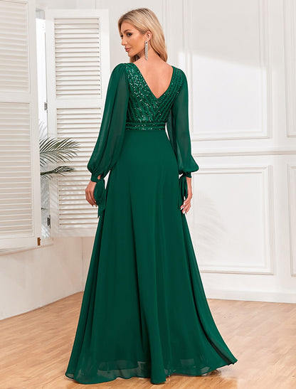 A-Line Evening Gown Elegant Dress Evening Party Wedding Reception Floor Length Long Sleeve V Neck Fall Wedding Guest Chiffon V Back with Sequin