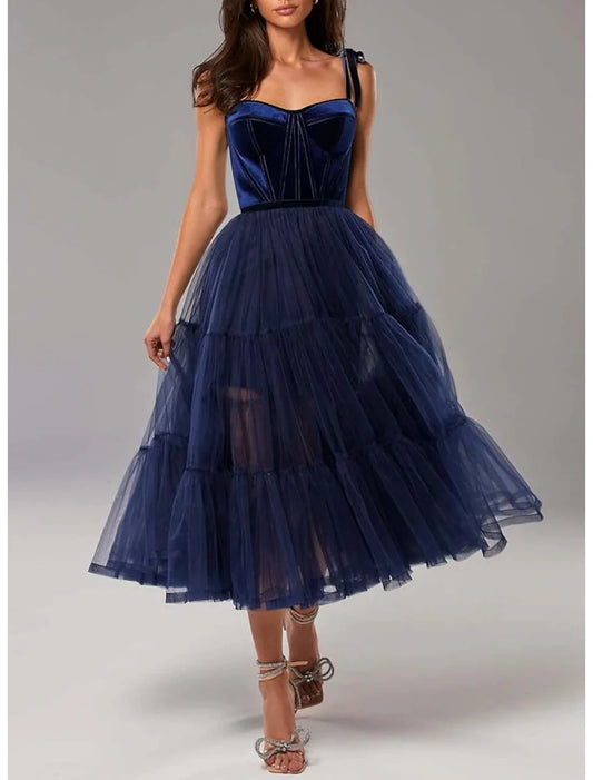 A-Line Prom Dresses Cocktail Dresses Elegant Dress Wedding Guest Prom Tea Length Sleeveless Strapless Tulle with Pleats Pure Color