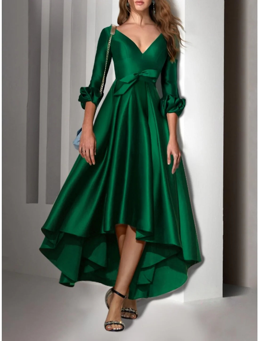 A-Line Cocktail Dresses Party Dress Wedding Guest Birthday Ankle-Length Asymmetrical 3/4 Length Sleeve V Neck Satin with Bow(s) Pleats