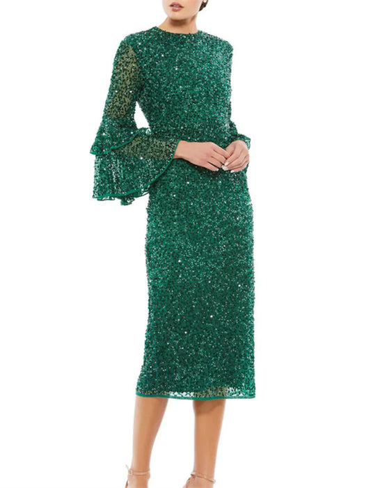 Sheath / Column Glittering Sparkle Cocktail Dresses Party Dress Party Wear Wedding Guest Tea Length 3/4 Length Sleeve Jewel Neck Sequined with Sequin Ruffles