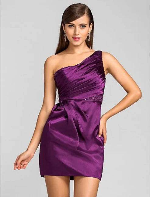 Sheath / Column One Shoulder Short / Mini Stretch Satin Cocktail Party Dress with Beading / Side Draping