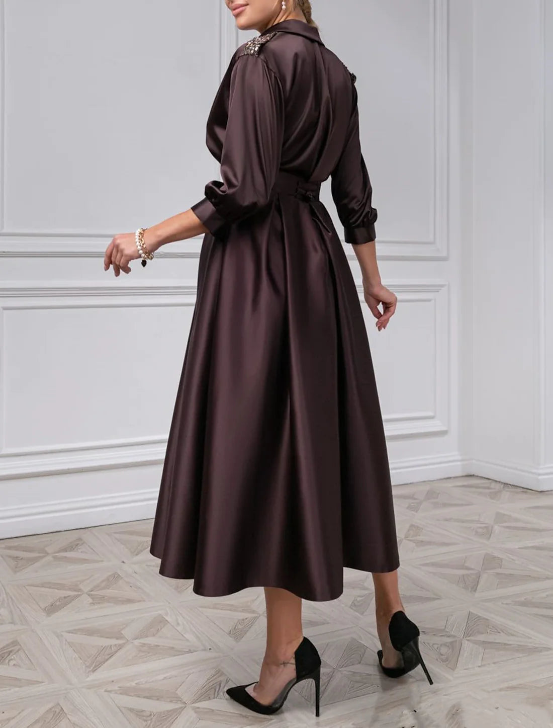 A-Line Cocktail Dresses Vintage Black Dress Plus Size Wedding Guest Evening Party Tea Length 3/4 Length Sleeve Shirt Collar Satin with Pleats Pocket