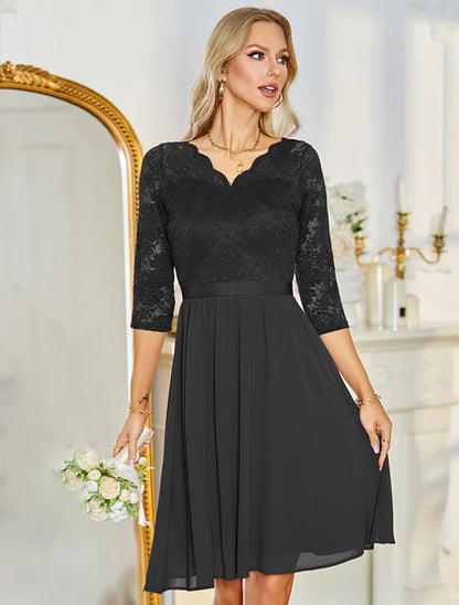 A-Line Cocktail Dresses Homecoming Dresses Vintage Dress Wedding Guest Party Wear Knee Length Half Sleeve V Neck Chiffon with Pleats