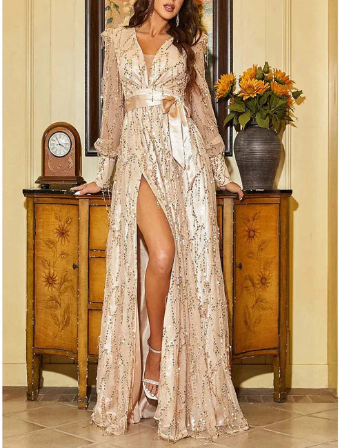 Gold Sequin Dress Prom Dress Party Dress Sparkly Dress Black Dress Black Homecoming Dress Long Dress Maxi Dress Long Sleeve Fall Winter Deep V Modern Winter Dress Fall Dress