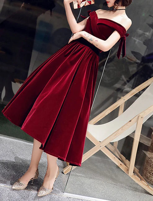 A-Line Cocktail Dresses Homecoming Dresses Hot Dress Wedding Guest Cocktail Party Tea Length Short Sleeve Off Shoulder Velvet with Bow(s)