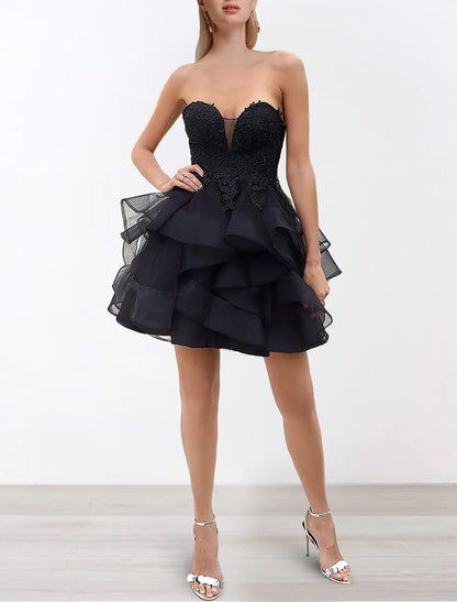 A-Line Homecoming Dresses Corsets Dress Cocktail Party Birthday Short / Mini Sleeveless Strapless Organza Layers with Ruffles Appliques