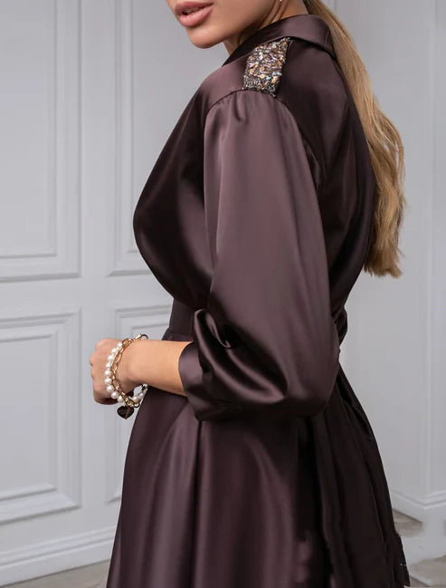 A-Line Cocktail Dresses Vintage Black Dress Plus Size Wedding Guest Evening Party Tea Length 3/4 Length Sleeve Shirt Collar Satin with Pleats Pocket