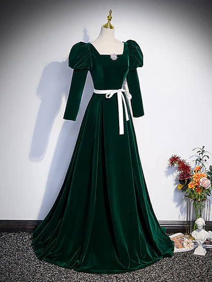 A-Line Evening Gown Maxi Dress Formal Floor Length Long Sleeve Square Neck Velvet with Pleats Crystals Strappy