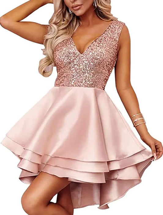 A-Line Party Dress Homecoming Cocktail Party Asymmetrical Sleeveless V Neck Pink Dress Satin with Sequin Tiered