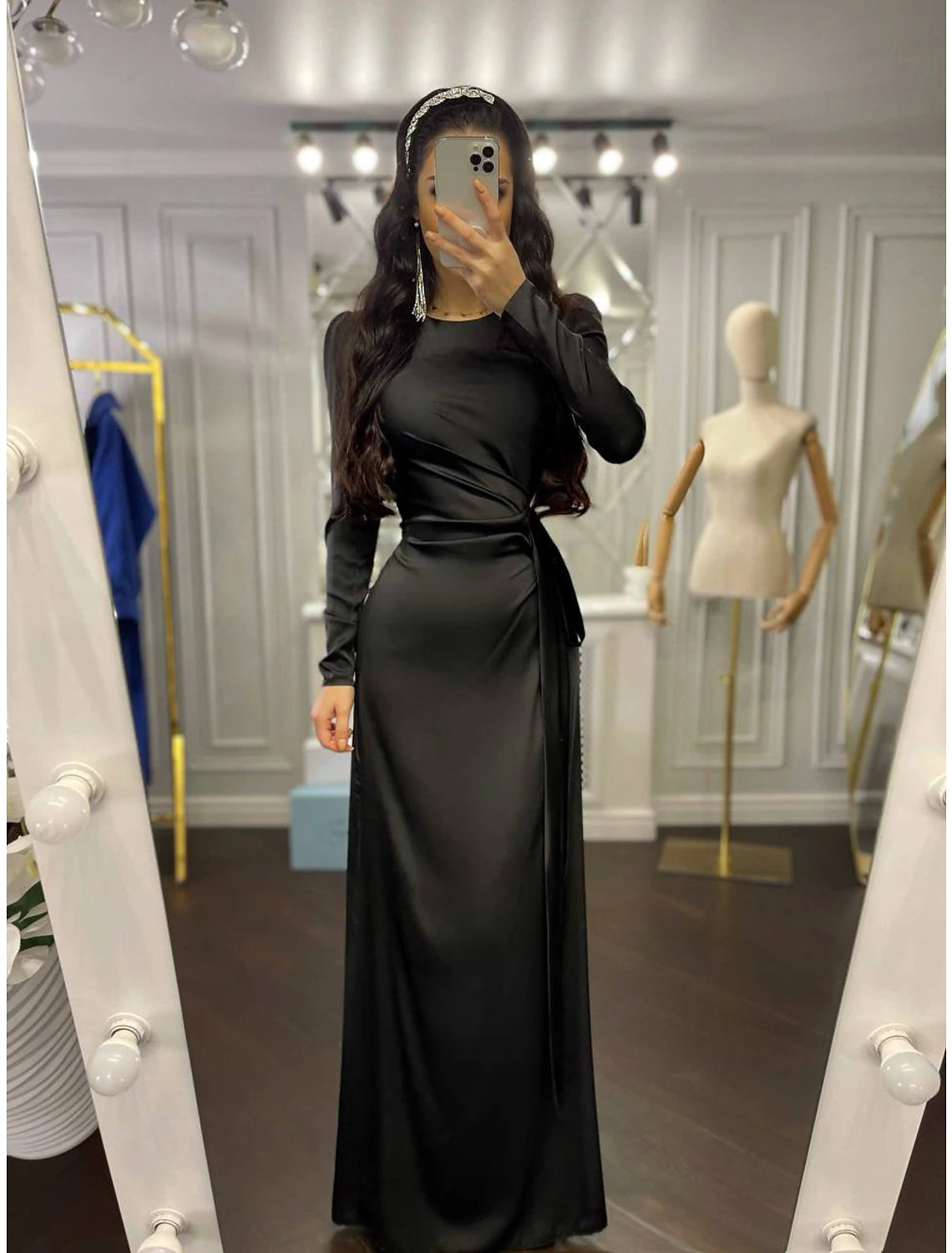 Sheath Party Dress Evening Gown Elegant Dress Wedding Guest Fall Floor Length Long Sleeve High Neck Bridesmaid Dress Satin with Ruched