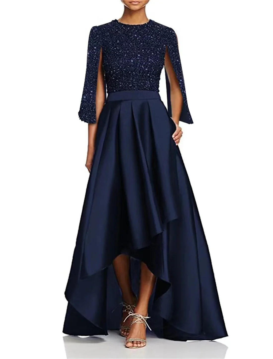 A-Line Cocktail Dresses Homecoming Dresses Elegant Dress Wedding Party Church Tea Length Long Sleeve Jewel Neck Pocket Sequined with Slit