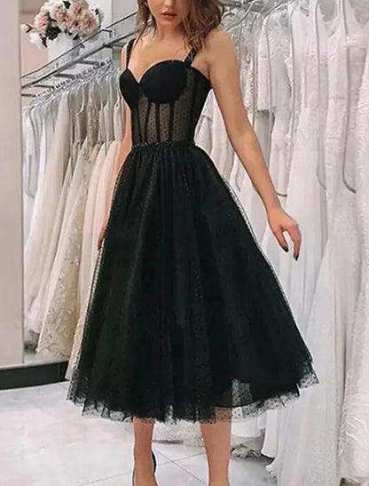 A-Line Prom Black Dress Vintage Dress Homecoming Cocktail Party Knee Length Sleeveless Sweetheart Wednesday Addams Family Tulle with Pleats