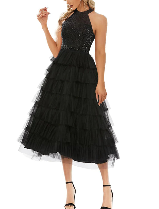 A-Line Cocktail Dresses Sparkle & Shine Dress Wedding Guest Semi Formal Tea Length Sleeveless Halter Neck Tulle with Sequin