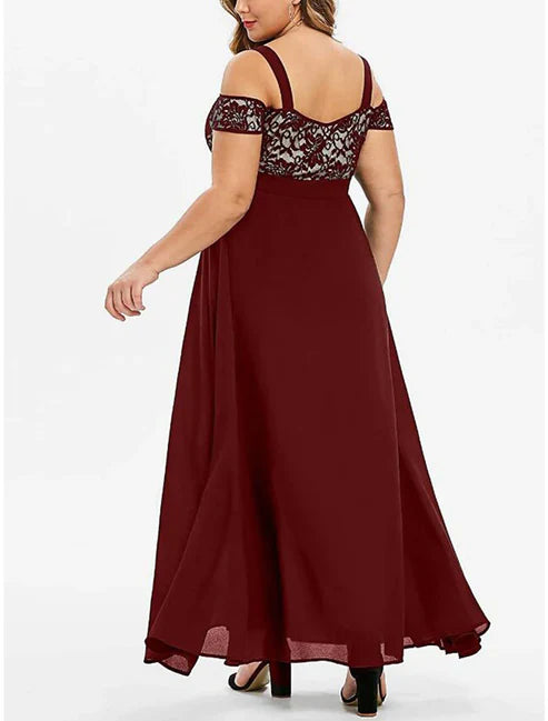 Plus Size Curve Party Dress Lace Dress Homecoming Dress Formal Dress Solid Color Long Dress Maxi Dress Short Sleeve Lace Strap Modern Party Black Wine Summer Spring