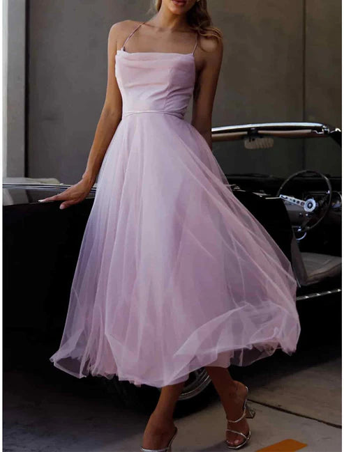 Party Dress Homecoming Dress Wedding Guest Dress Midi Dress Purple Sleeveless Pure Color Mesh Spring Fall Winter Spaghetti Strap Fashion Birthday Wedding Guest Vacation