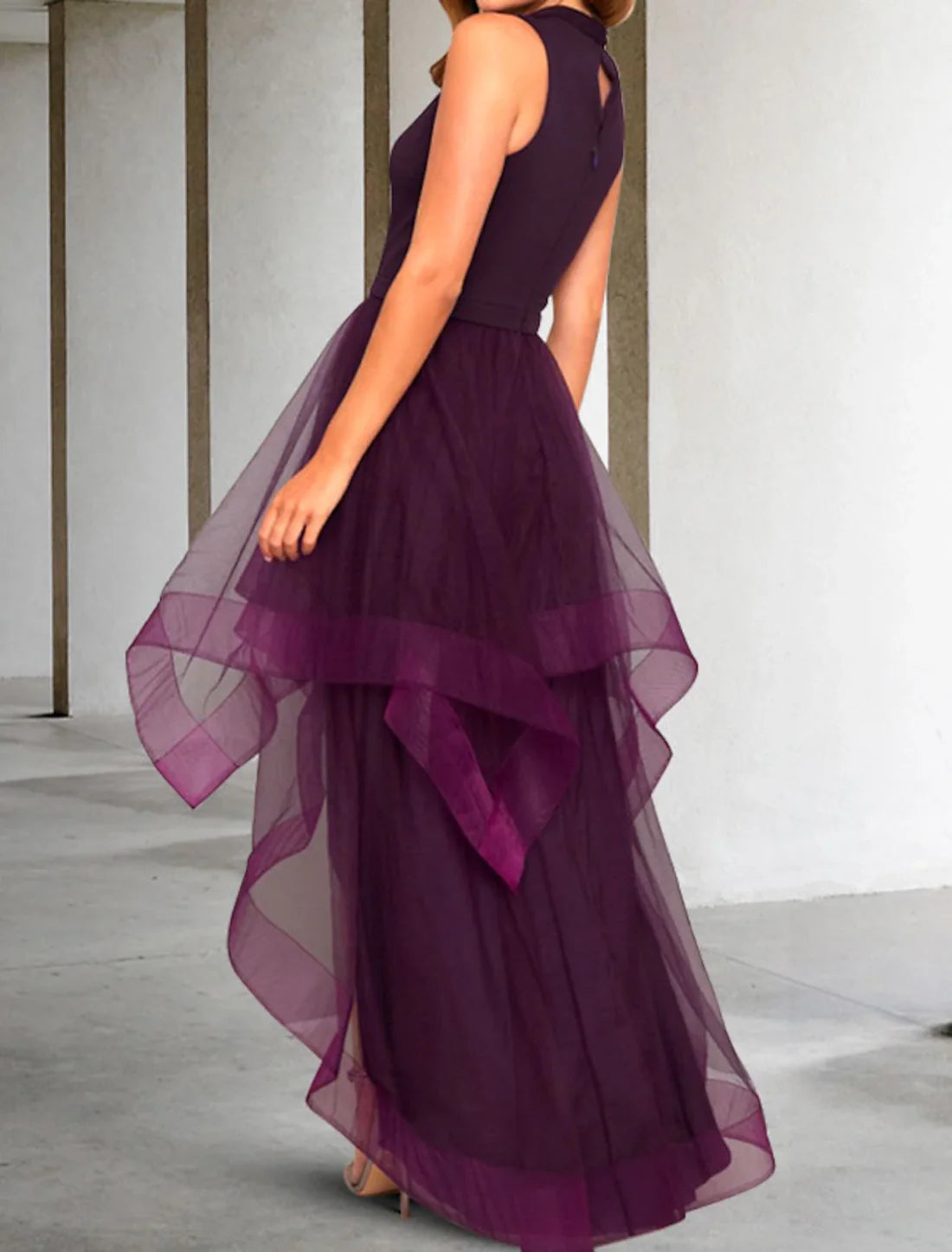 A-Line Cocktail Dresses Elegant Dress For Wedding Guest Tiered Asymmetrical Sleeveless Jewel Neck Organza Ruffles Pleats