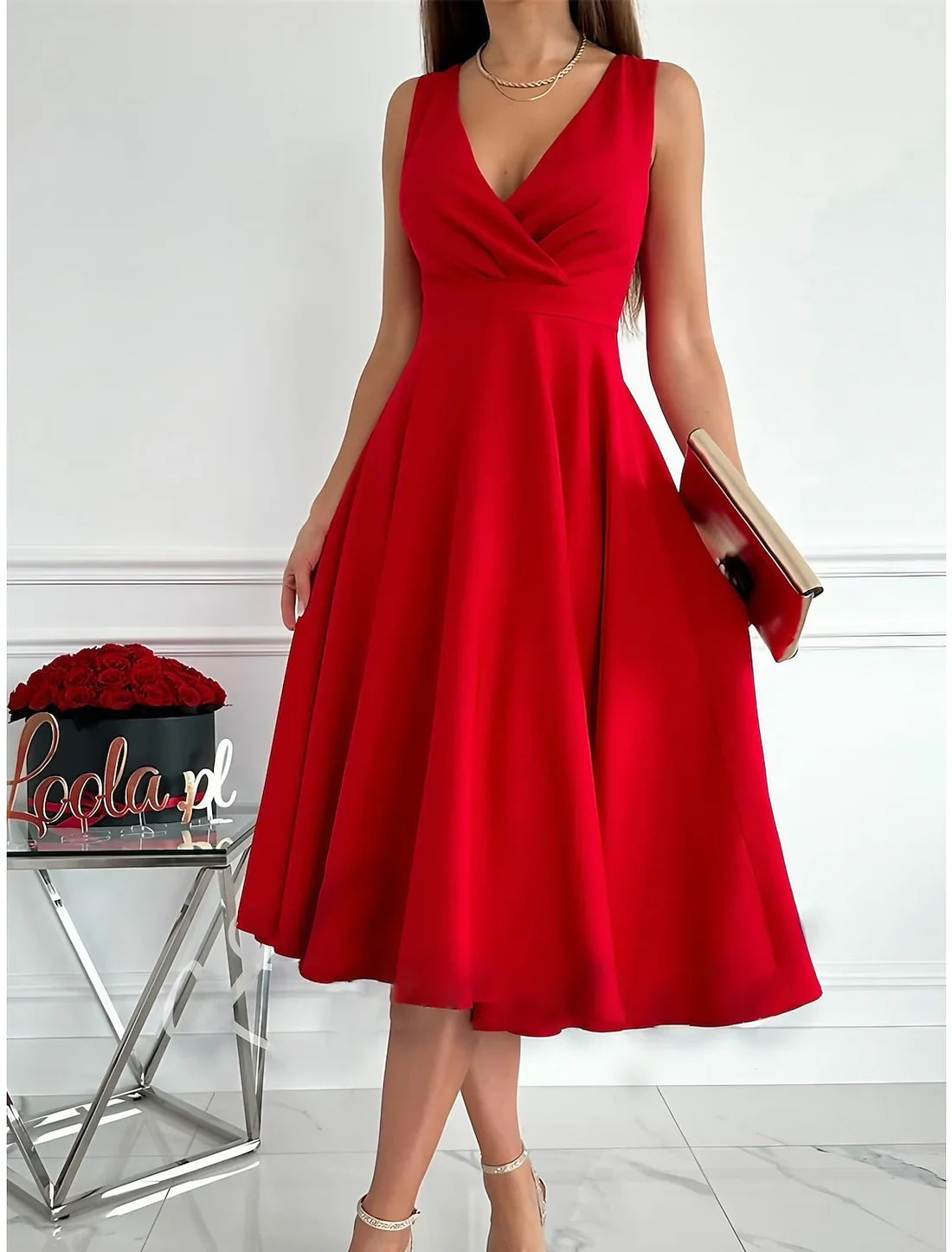 Party Dress  Homecoming Dress Cocktail Dress Midi Dress Light Pink Black Red Sleeveless Ruched Summer Spring V Neck Birthday