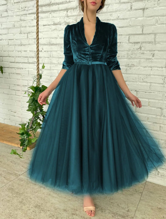 Ball Gown Cocktail Dresses Homecoming Dresses Elegant Dress Party Wear Quinceanera Ankle Length Half Sleeve V Neck Tulle with Sash / Ribbon Buttons Splicing