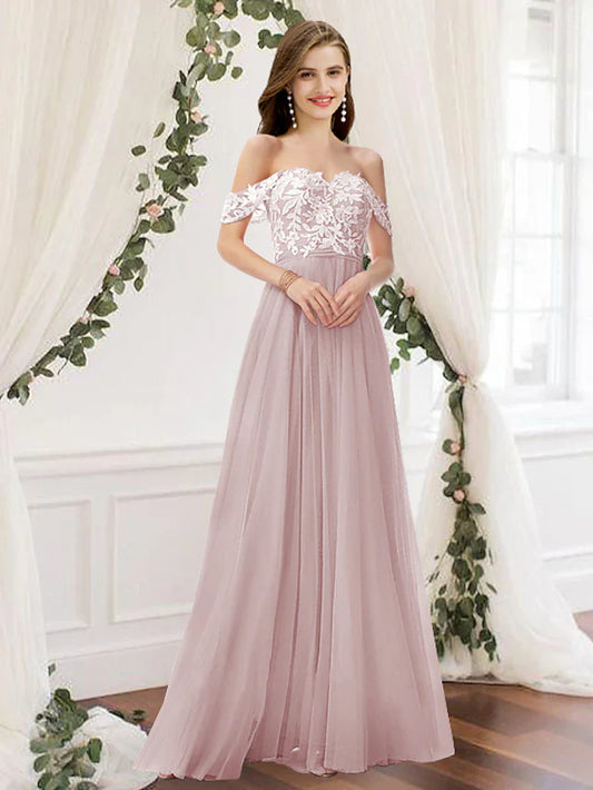 A-Line Bridesmaid Dress Off Shoulder Sleeveless Elegant Floor Length Chiffon / Lace with Pleats / Appliques