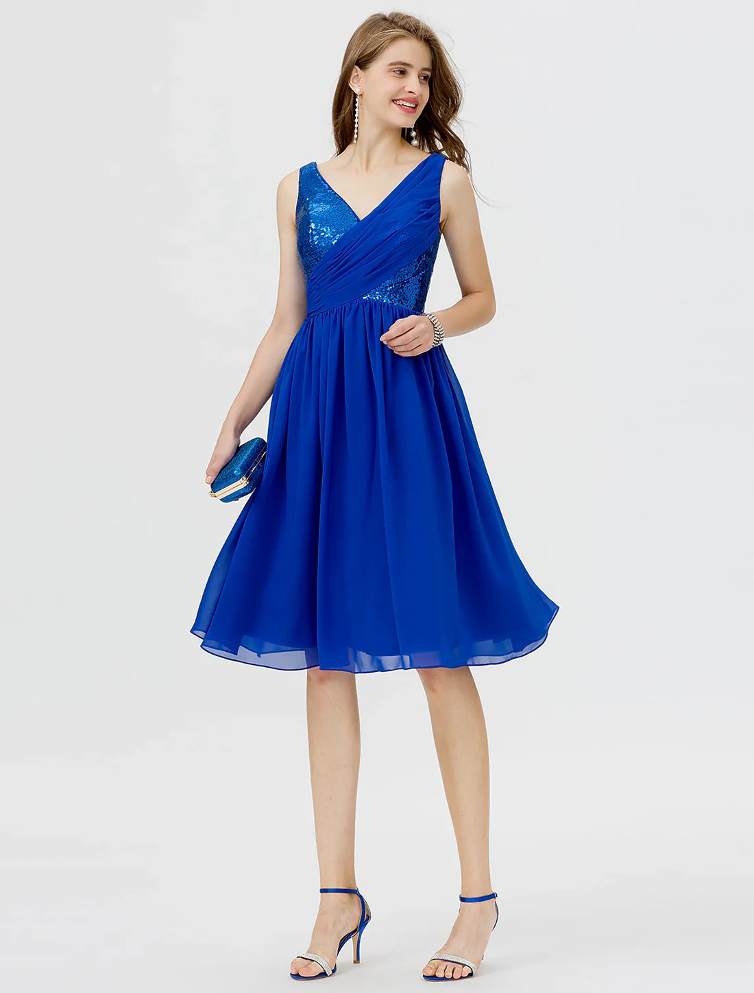 A-Line Cute Dress Cocktail Party Formal Evening Short / Mini Sleeveless V Neck Chiffon with Sequin Side Draping