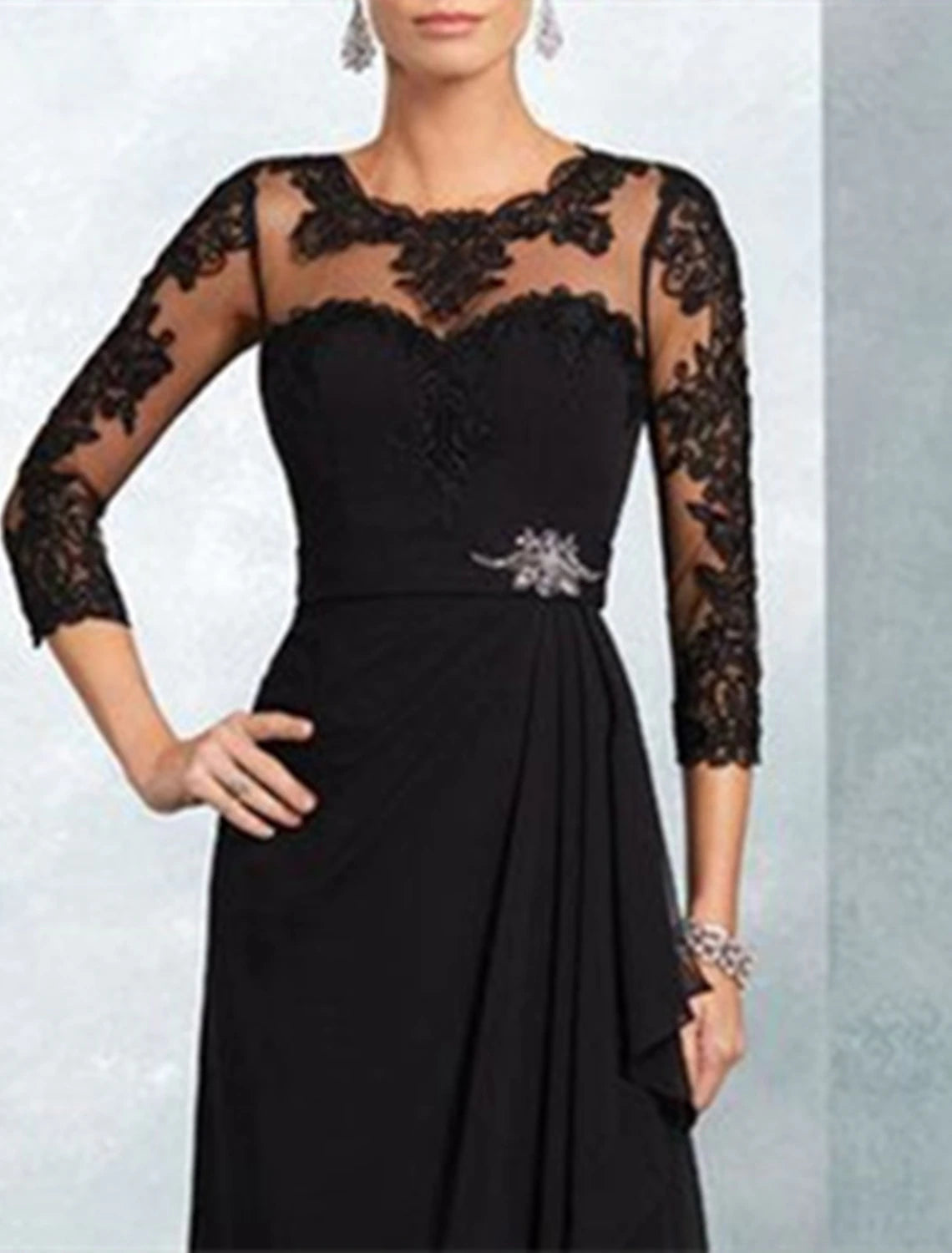 Jewel Neck Floor Length Wedding Guest Party Dress Chiffon Lace 3/4 Length Sleeve Mother of the Bride Dress with Sash / Ribbon Appliques