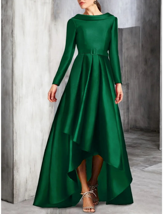 A-Line Cocktail Dresses Party Dress Birthday Fall Asymmetrical Floor Length Long Sleeve Scoop Neck Satin with Pleats Strappy