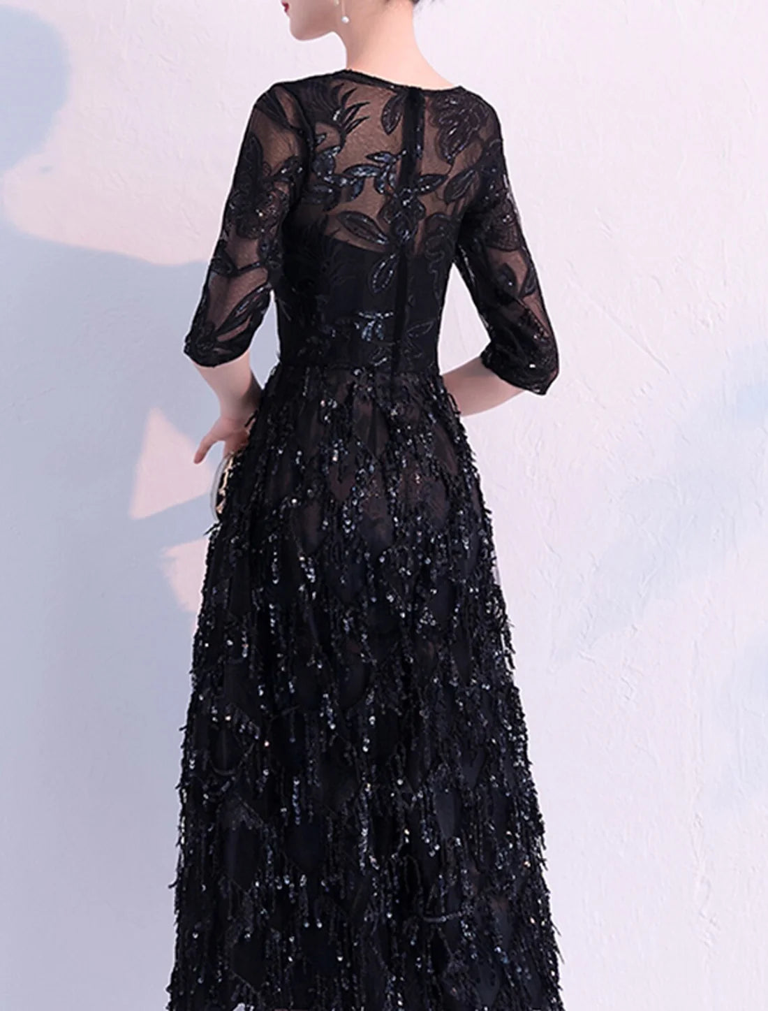 A-Line Flapper Sparkle Party Wear Cocktail Party Dress V Neck Half Sleeve Tea Length Lace with Sequin Tassel