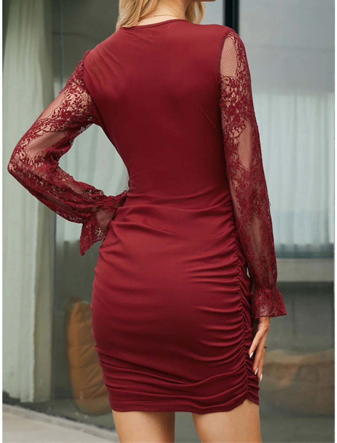 Party Dress Lace Dress New Year's Eve Dress Homecoming Dress Cocktail Dress Mini Dress Black Red Blue Long Sleeve Lace Fall Winter V Neck Winter Dress Wedding Guest