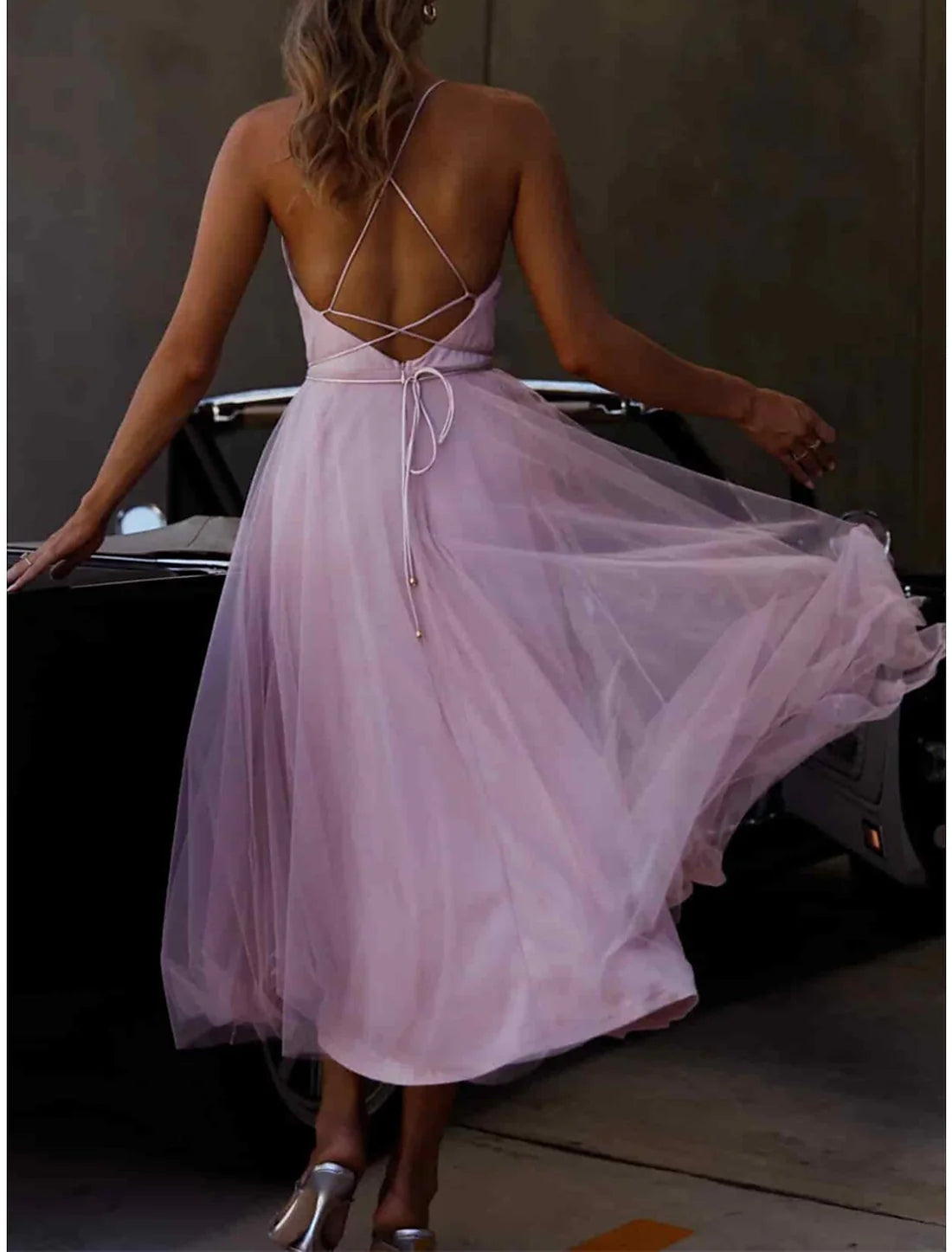 Party Dress Homecoming Dress Wedding Guest Dress Midi Dress Purple Sleeveless Pure Color Mesh Spring Fall Winter Spaghetti Strap Fashion Birthday Wedding Guest Vacation