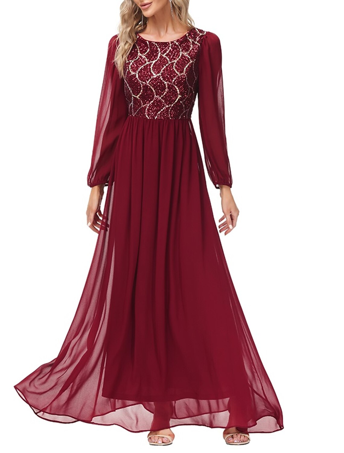 A-Line Evening Gown Empire Dress Party Wear Wedding Guest Floor Length Long Sleeve Jewel Neck Chiffon V Back with Sequin Splicing